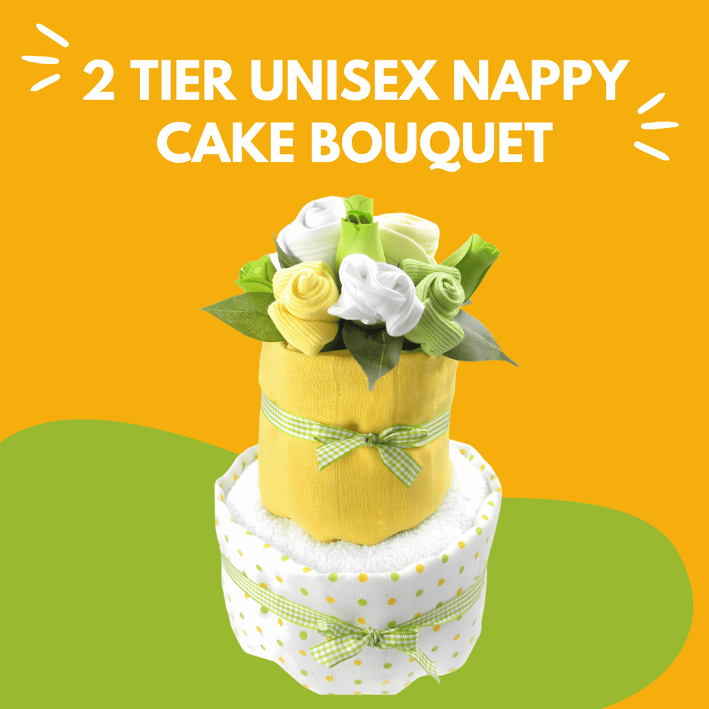 Say It Baby - Unisex Baby Nappy Cake Bouquet - 2 Tier. Colourful Background