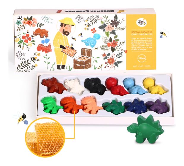 Jar Melo's colorful and fun dino-shaped beeswax crayons. These fab crayons are crafted with pure beeswax and a mixture of dinosaur shapes and colours!