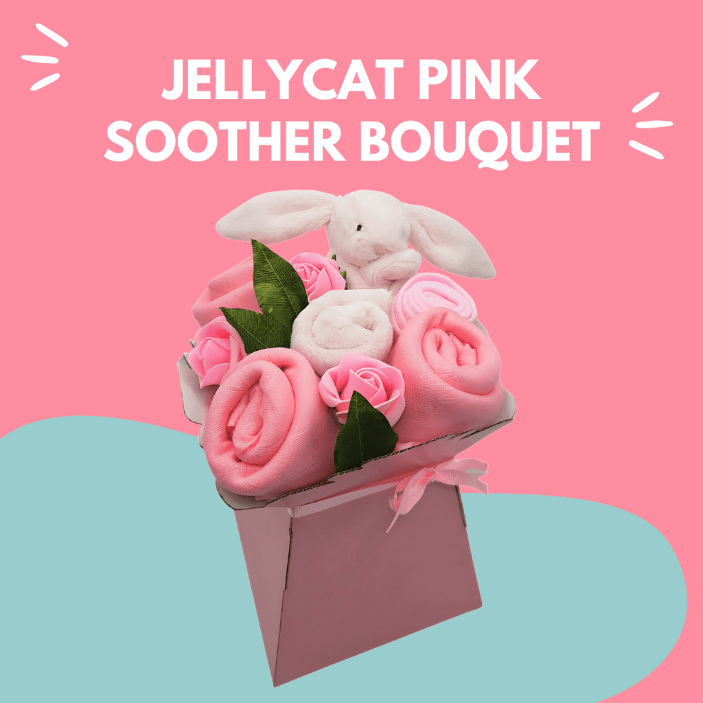 Jellycat Bouquet With Pink Bunny Soother Toy presented in a gift box