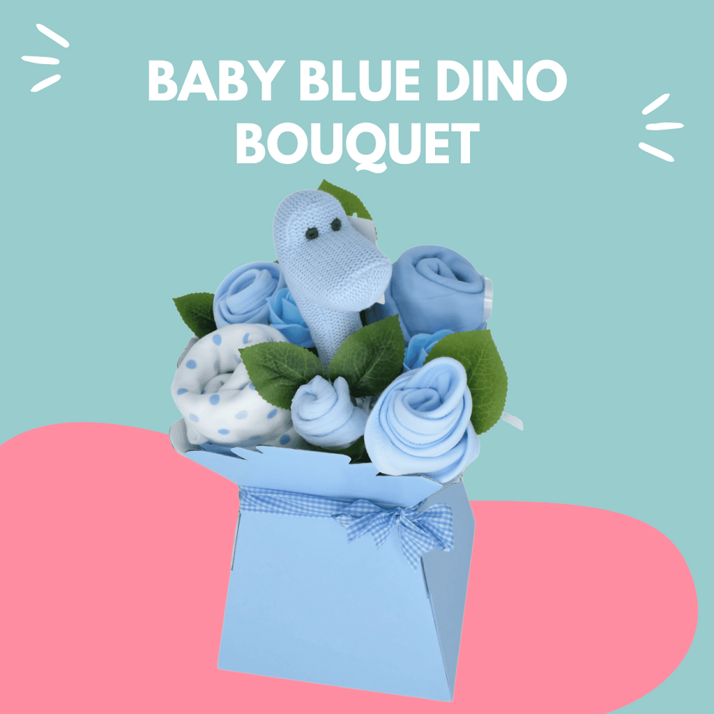 Say It Baby - Sweet Baby Blue Dino Bouquet. with colourful background