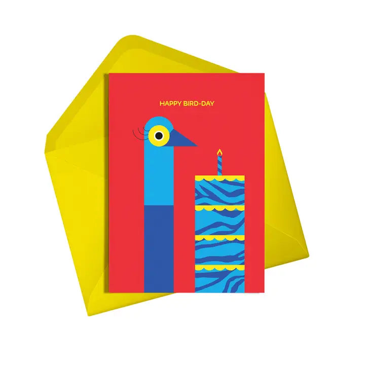 This colourful card from Alphabots features an fun ostrich with matching birthday cake and the words "Happy Bird Day"