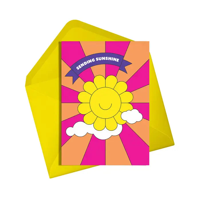 This fun card from Alphabots features a sun on a neon background with the words "Sending Sunshine"