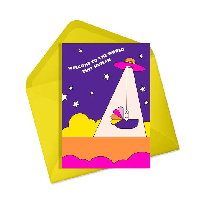 This fun card from Alphabots features the delivery of a colourful baby basket and the words "Welcome to the World Tiny Human"