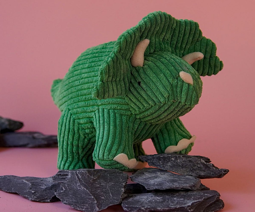 Best Years Green Corduroy Triceratops - Medium - pink background