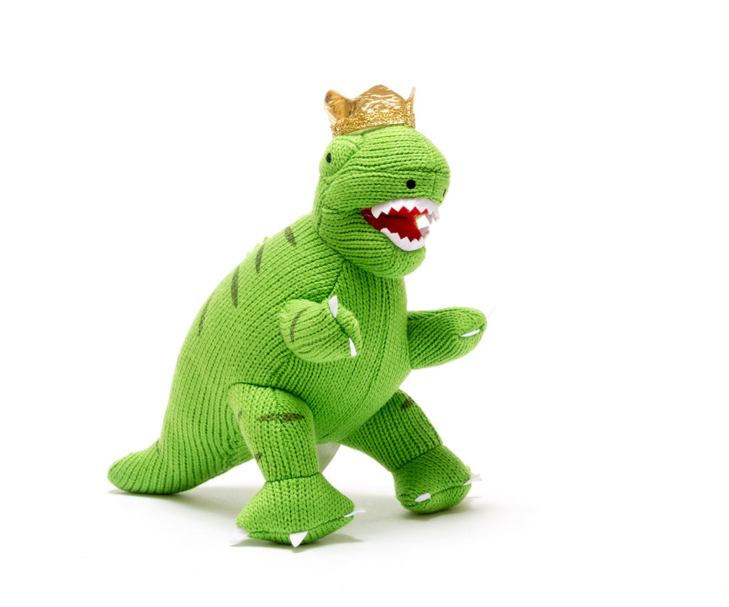 Best Years King Green Knitted T-Rex - Medium. With gold crown. Sold by Say It Baby