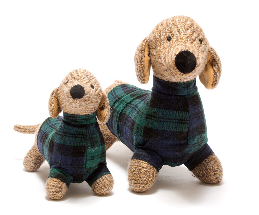 Best Years Knitted Sausage Dog Rattle - Tartan Jumper (smallest size)