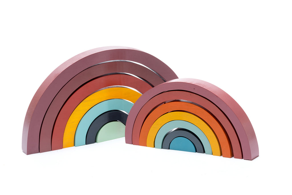 Scandi Colours Fair Trade Wooden Rainbow Stacker Toy - side next to smaller size