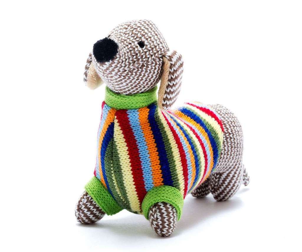 Best Years Knitted Sausage Dog Rattle - Rainbow Stripe Jumper