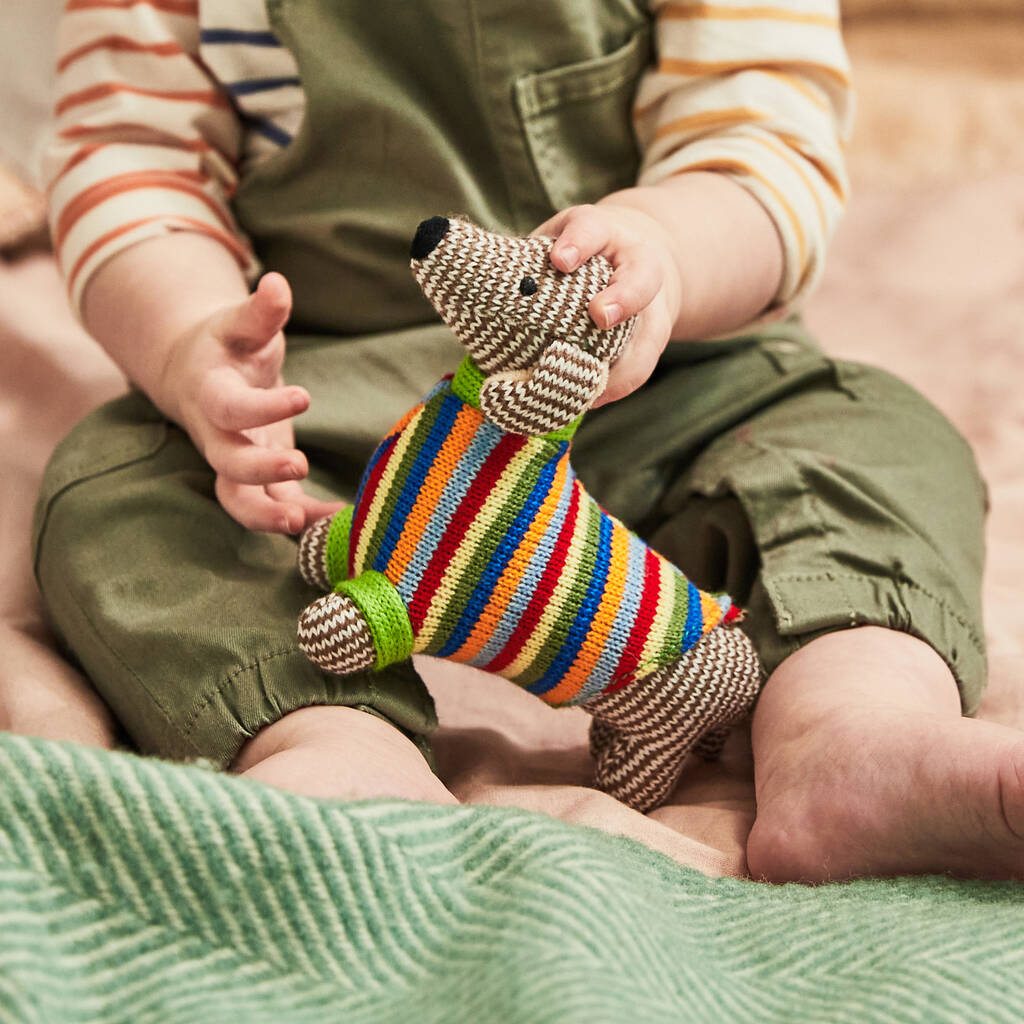 Best Years Knitted Sausage Dog Rattle - Rainbow Stripe Jumper with baby