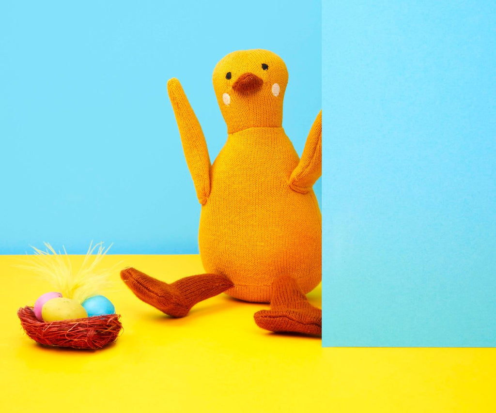 Best Years Yellow Knitted Duck blue and yellow background