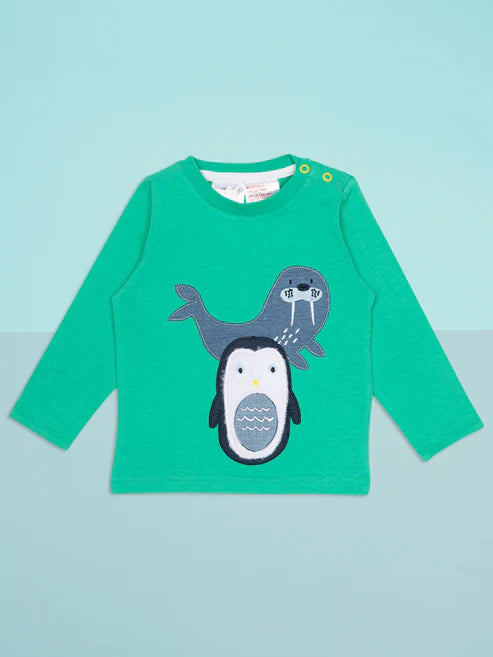 Blade & Rose Arctic Friends Top - bold, bright and fun! This gorgeous green top features a sweet arctic design with a seal and fluffy penguin.