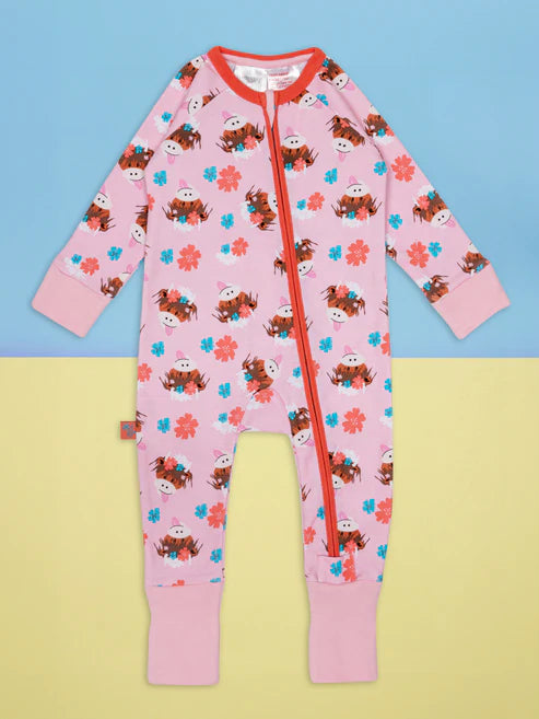 Blade &amp; Rose Bonnie Highland Cow Zip-Up Romper - bold, bright and fun!  Sold by Say It Baby Gifts