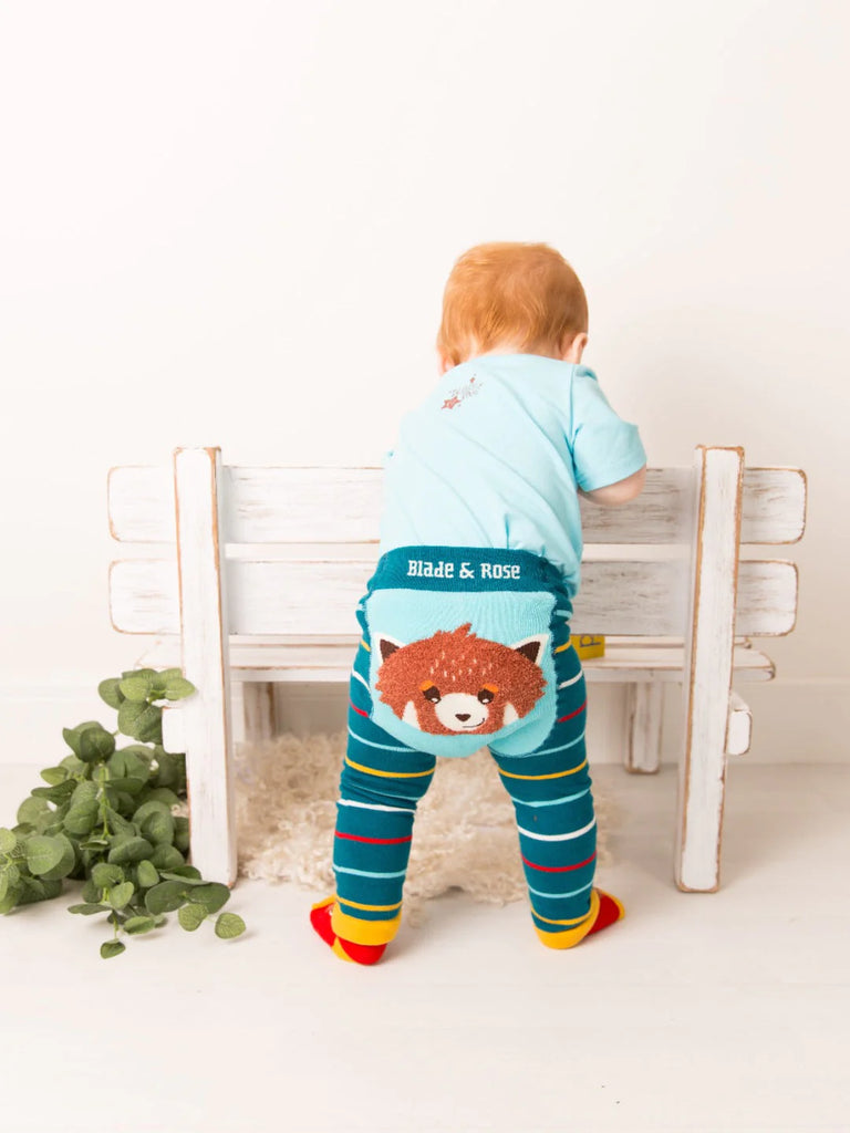 Blade & Rose Chip the Red Panda Leggings - bold, bright and fun! These fab leggings in teal with blue, yellow, white and red stripes feature a fluffy Chip the Red Panda design on the bottom!