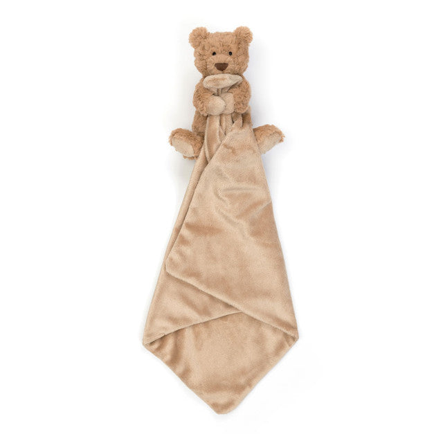 Jellycat Bartholomew Bear Soother STH4BAR. Sold by Say it Baby Gifts - blanket open