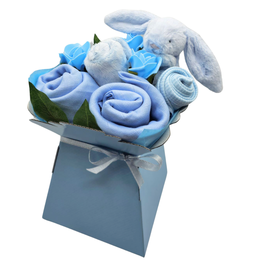 Jellycat Blue Bunny Soother Baby Bouquet - a gorgeous baby boy gift bouquet.