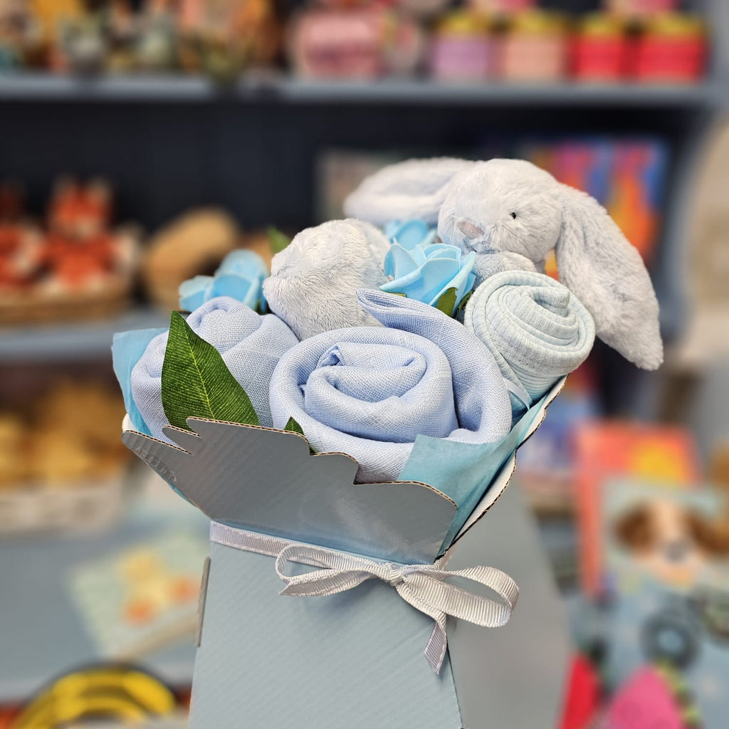 Jellycat Blue Bunny Soother Baby Bouquet - a gorgeous baby boy gift bouquet. Colourful Background