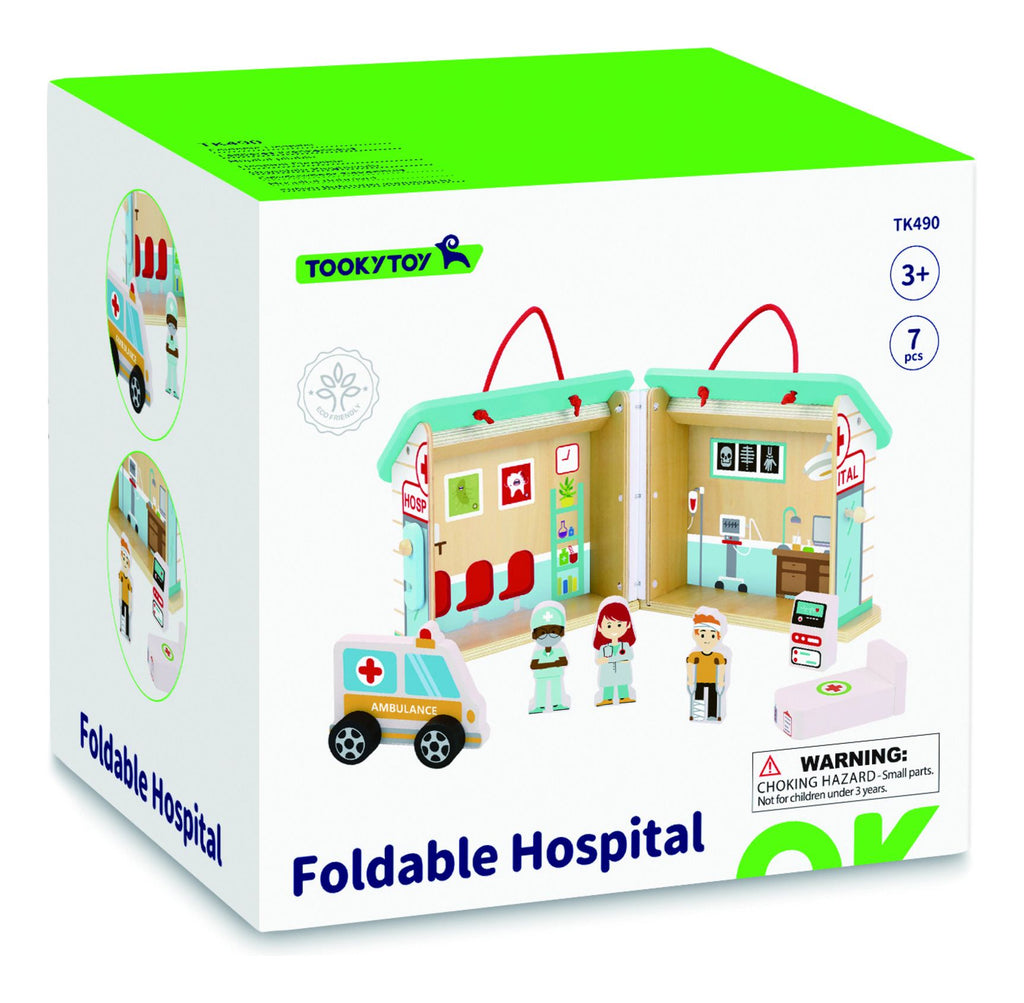 Tooky Toy Wooden Foldable Hospital - a colourful, portable playset that kids will love! Sold by Say It Baby Gifts