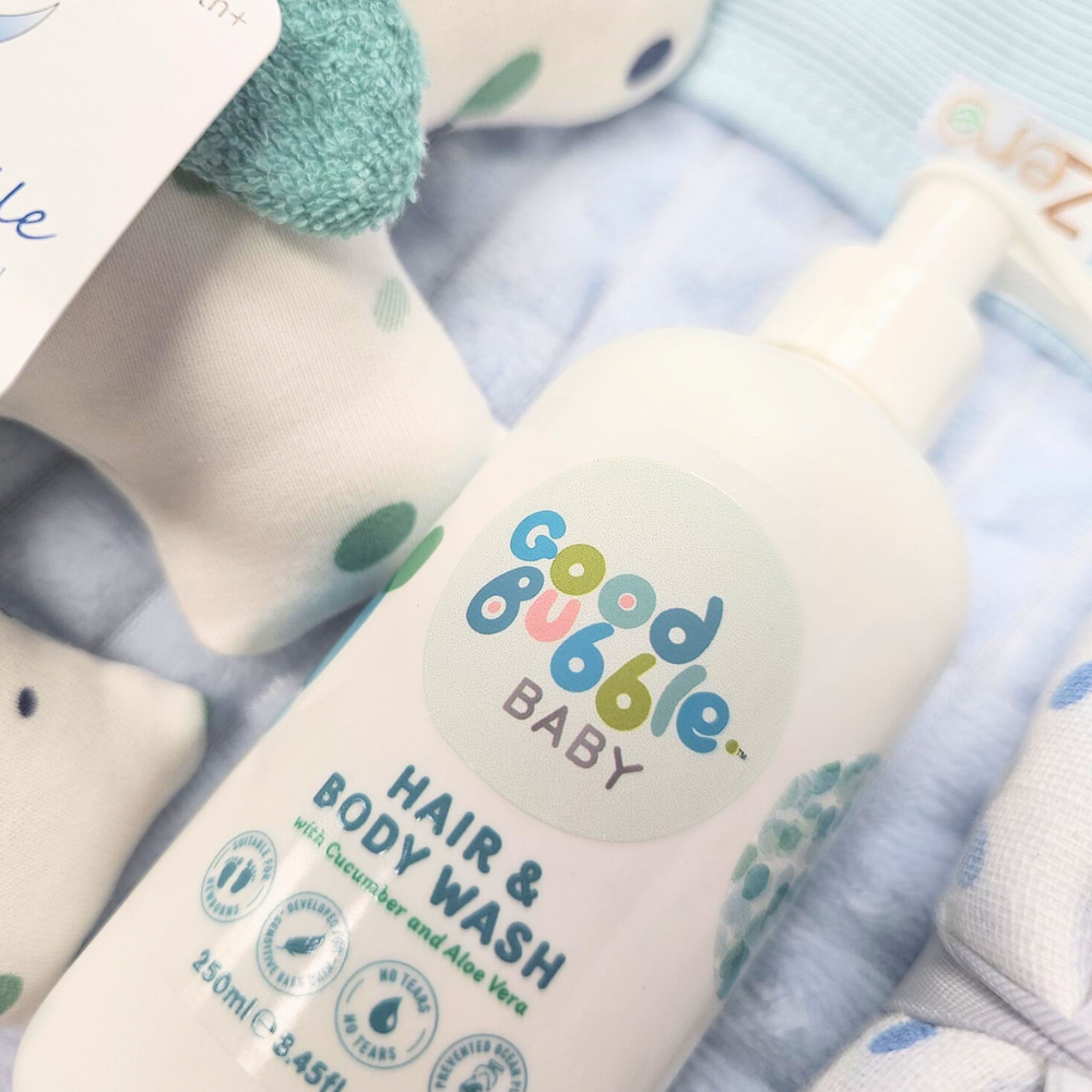 Welcome Baby Boy Kraft Gift Box - closeup of Good Bubble hair and body wash