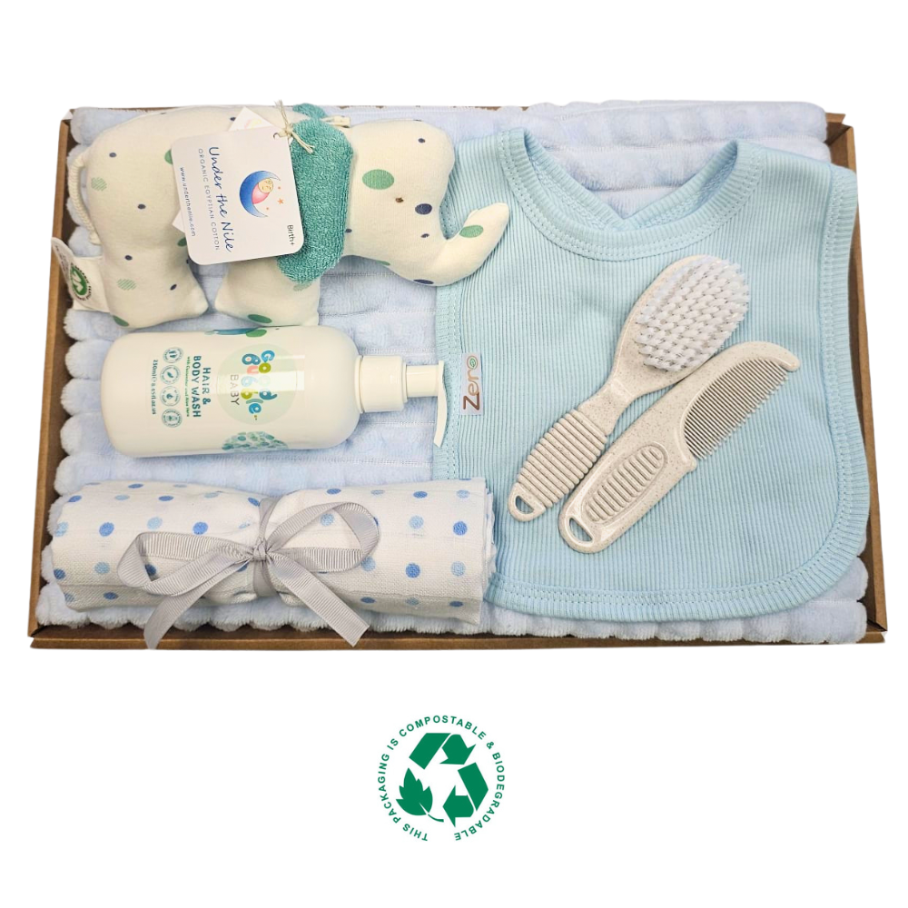 Welcome a new baby boy with this lovely Kraft gift box filled with gorgeous baby items!