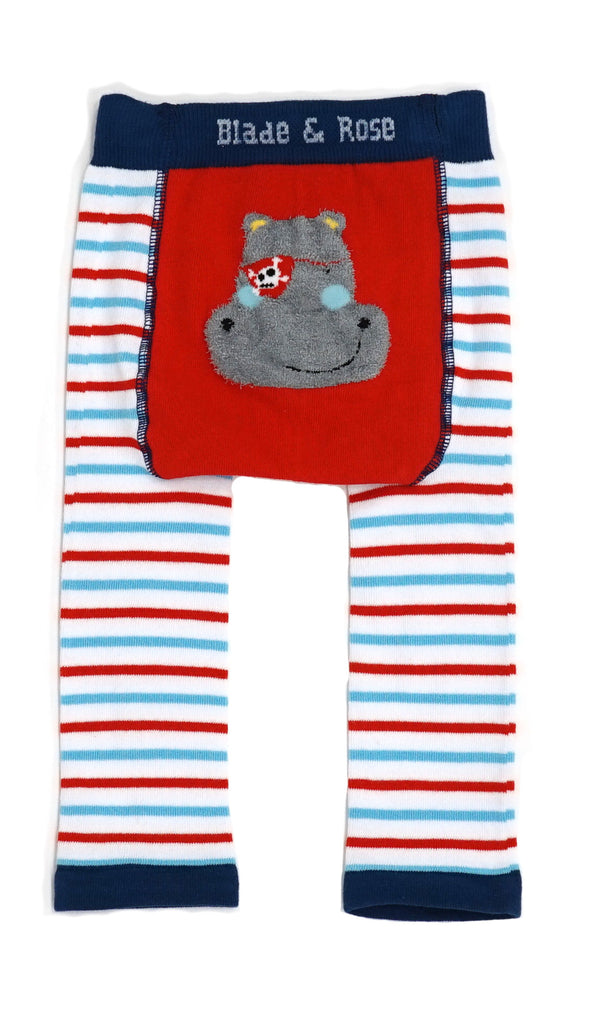 Blade & Rose Harry The Hippo Leggings - bold, bright and fun! These fab leggings in white, red and light blue stripes feature Harry the Hippo and his cool pirate patch in a sherpa fleece. Sold by Say It Baby Gifts