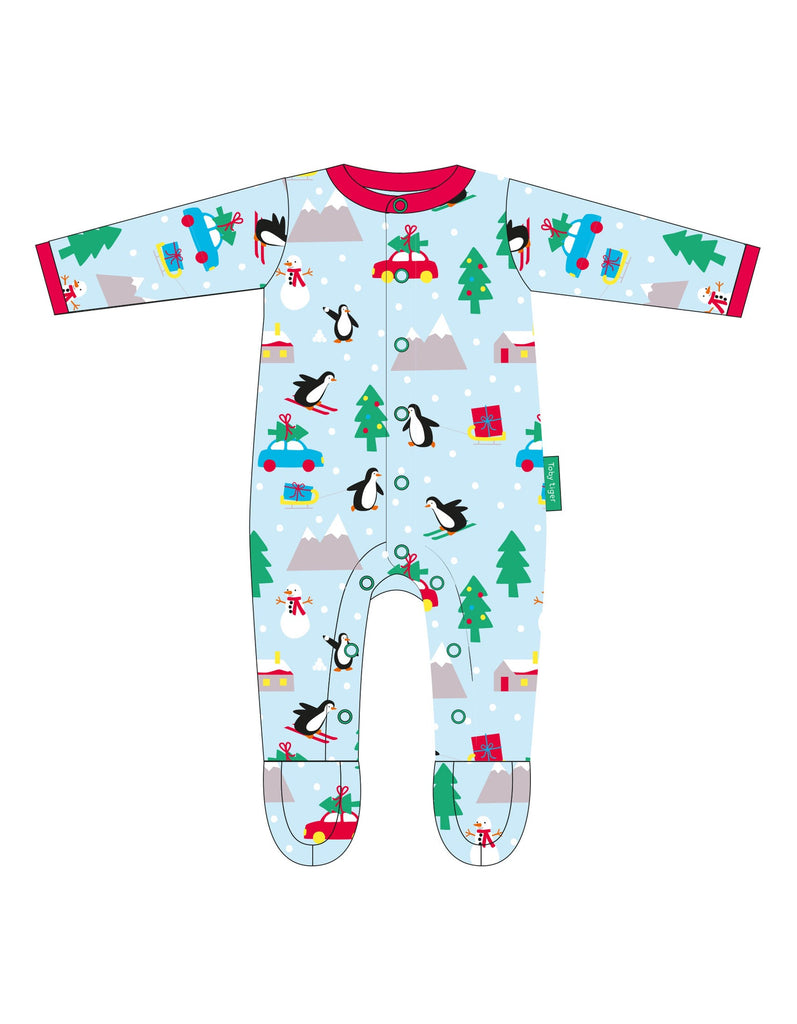 This fabulous Toby Tiger Organic Penguin Christmas Print Sleepsuit in pale blue features sledging penguins and a sweet winter scene with a bold red trim. Sold by Say It Baby Gifts