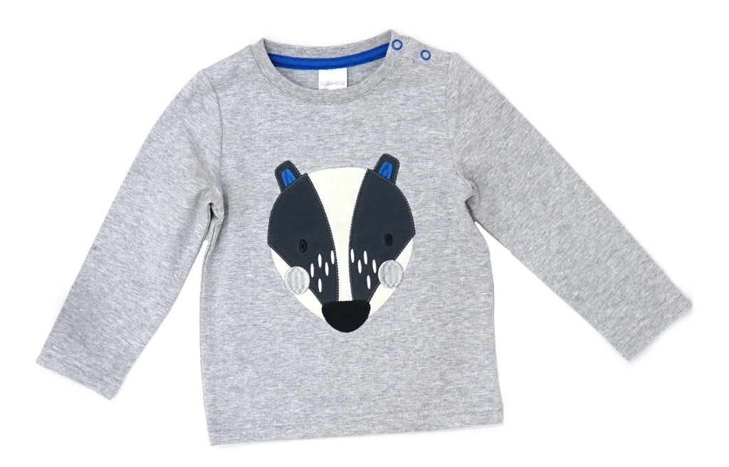 Blade & Rose Pip The Badger Top - bold, bright and fun! This gorgeous muted colours top features the sweet Pip The Badger with greys, whites and a little dash of royal blue, with a jersey applique and embroidery detail. Sold by Say It Baby Gifts
