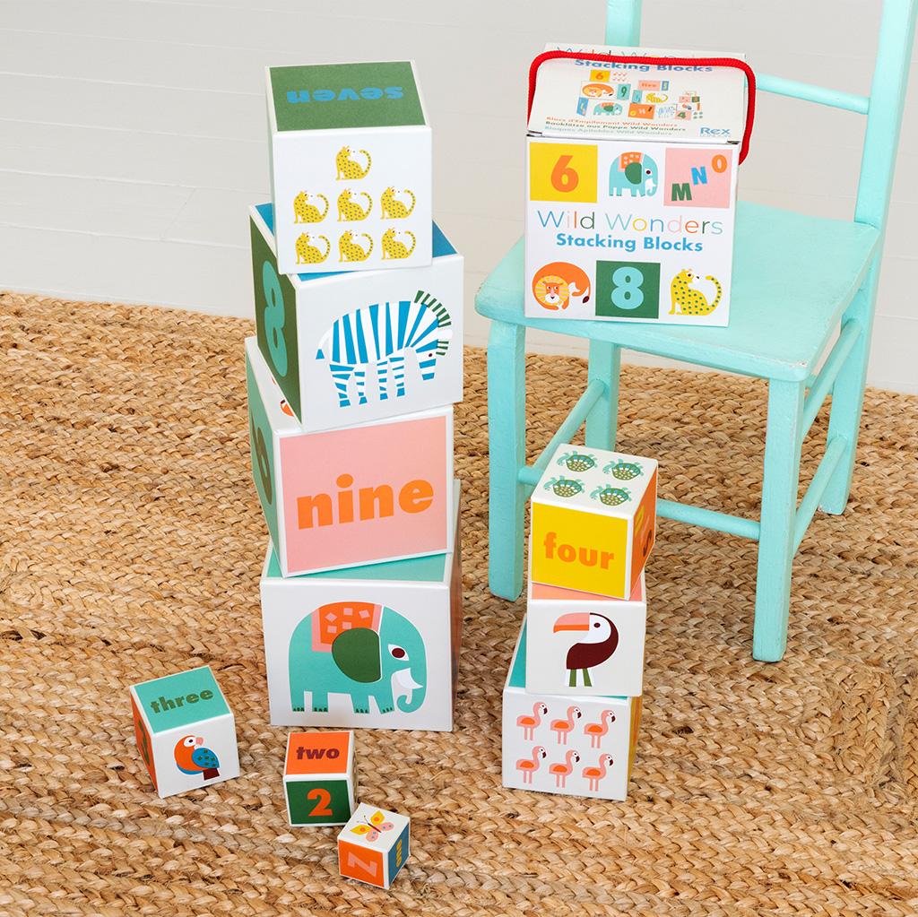 Featuring a series of bright and colorful "Wild Wonders" animal designs, the blocks also have letters of the alphabet on one side and numbers on the others. Great for encouraging letters and number skills.