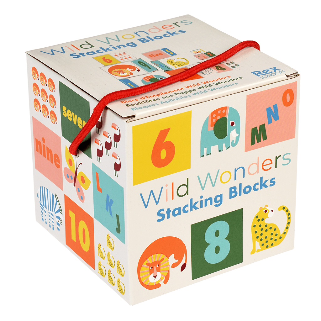 Featuring a series of bright and colorful "Wild Wonders" animal designs, the blocks also have letters of the alphabet on one side and numbers on the others. Great for encouraging letters and number skills.