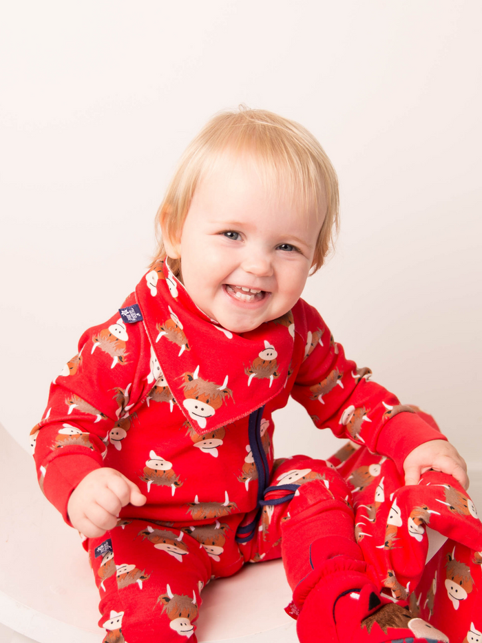 Blade & Rose Fox Bib - bold, bright and fun! This gorgeous bandana bib is bright red with the cutest Highland Cow design. One size. Say It Baby Gifts