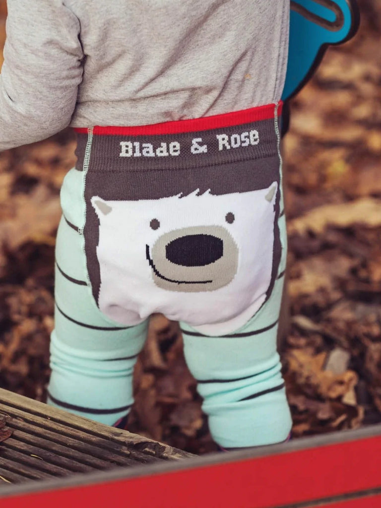 Blade & Rose WWF Polar Bear Organic Leggings - bold, bright and fun! These fab leggings are mint green striped  with the cutest little polar bear on the bum. Sold by Say It Baby Gifts