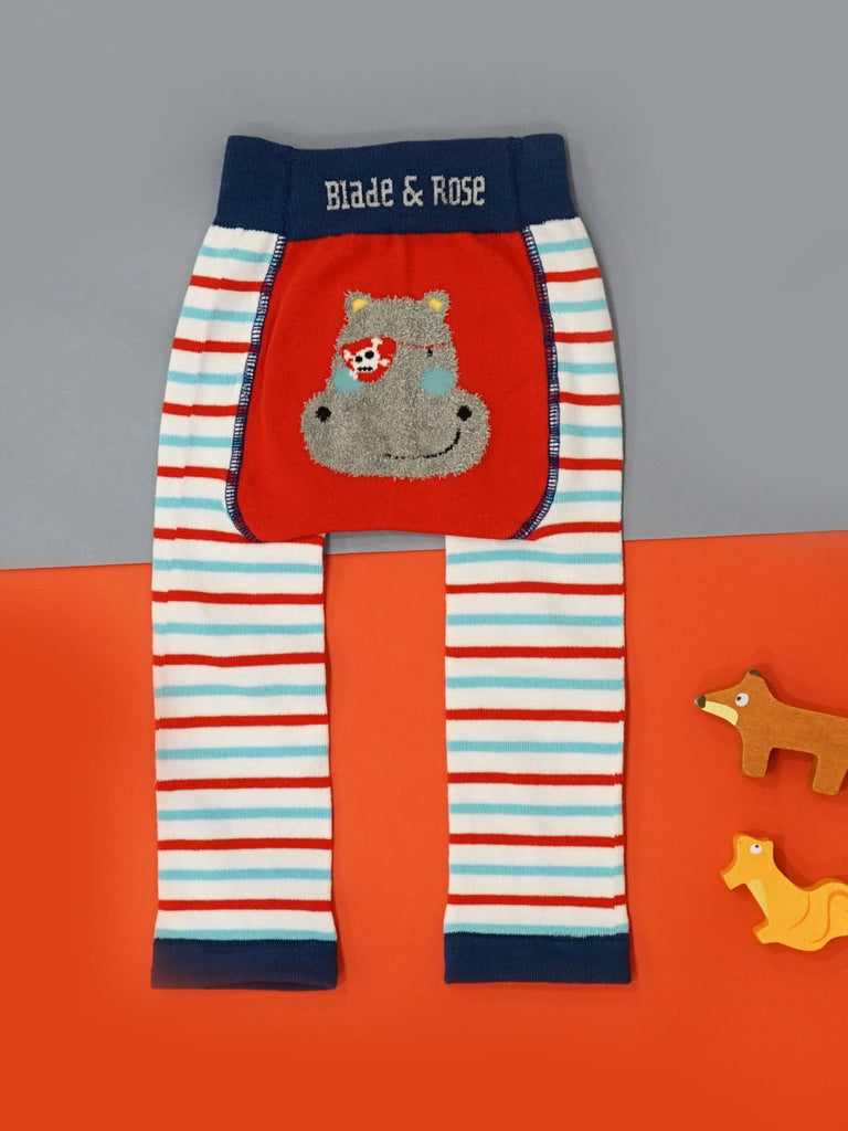 Blade & Rose Harry The Hippo Leggings - bold, bright and fun! These fab leggings in white, red and light blue stripes feature Harry the Hippo and his cool pirate patch in a sherpa fleece. Sold by Say It Baby Gifts